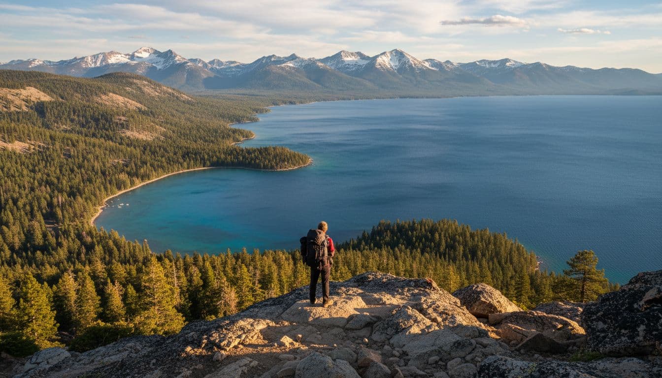 Scenic view of crystal-clear turquoise Lake Tahoe from a Sierra Nevada trail near Reno, with snow-capped mountains, pine forests, and a single hiker on a rocky overlook under golden afternoon sunlight.