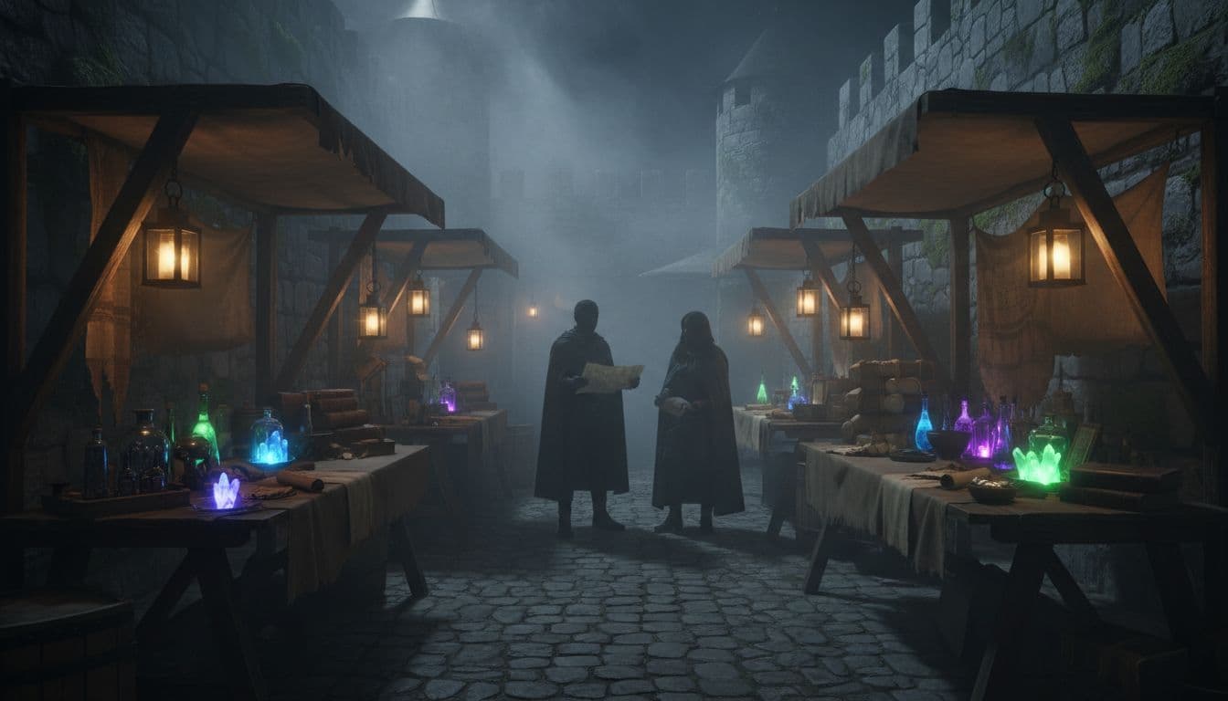 Dimly lit village alley with wooden stalls, hanging lanterns, potions, scrolls, misty fog, crystal glow, and two silhouetted adventurers.