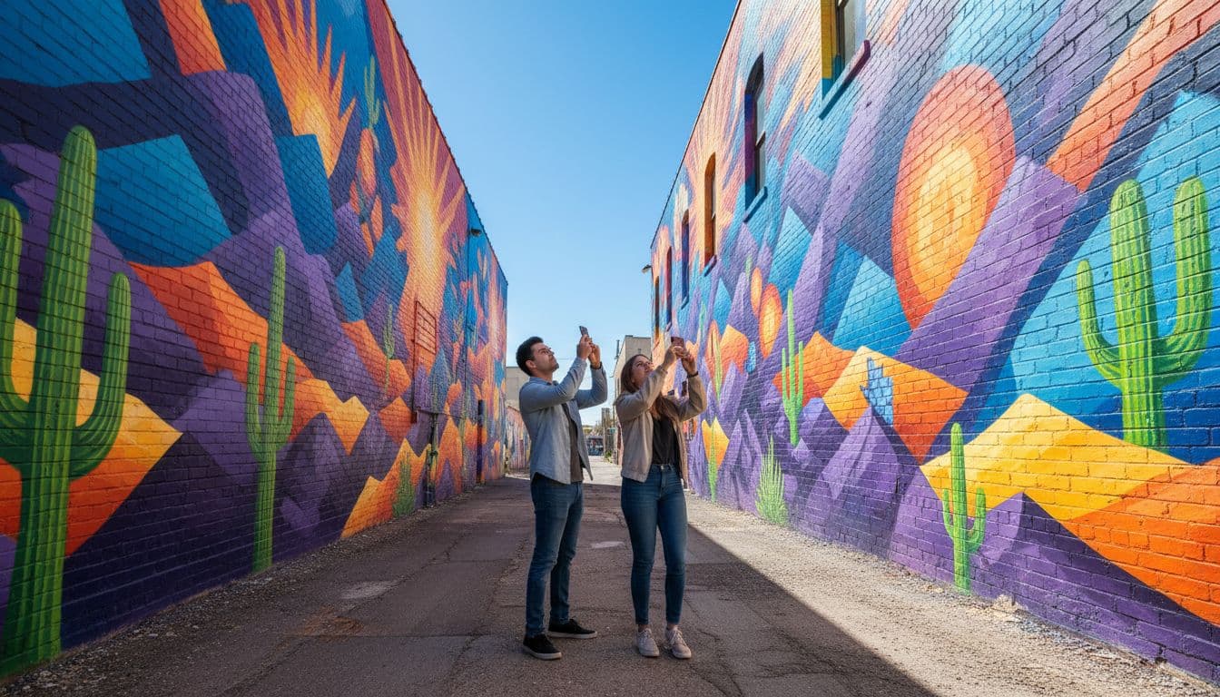 Colorful murals with geometric patterns and desert motifs influenced by Burning Man adorn brick walls in a sunny Midtown Reno alleyway, as two young people pause to photograph the art under a blue sky.