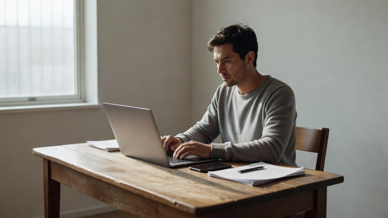 A person sits at a minimalist wooden desk in a sunlit room, focusing on their laptop screen. A smartphone rests nearby on the clean workspace as soft dawn light illuminates the area.
