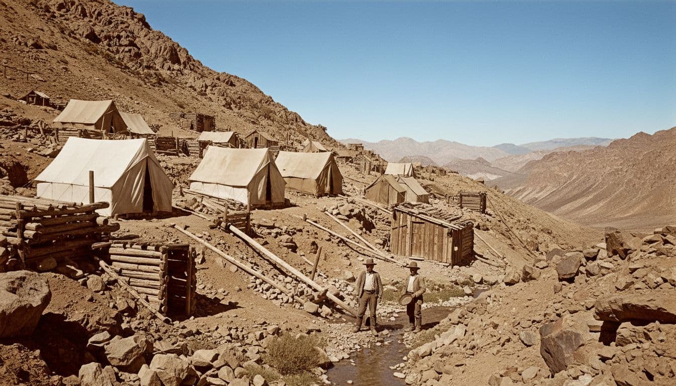 Rugged 19th-century mining camp with tents, shacks, diggings, ore piles, and two miners near stream on steep slope under blue sky.