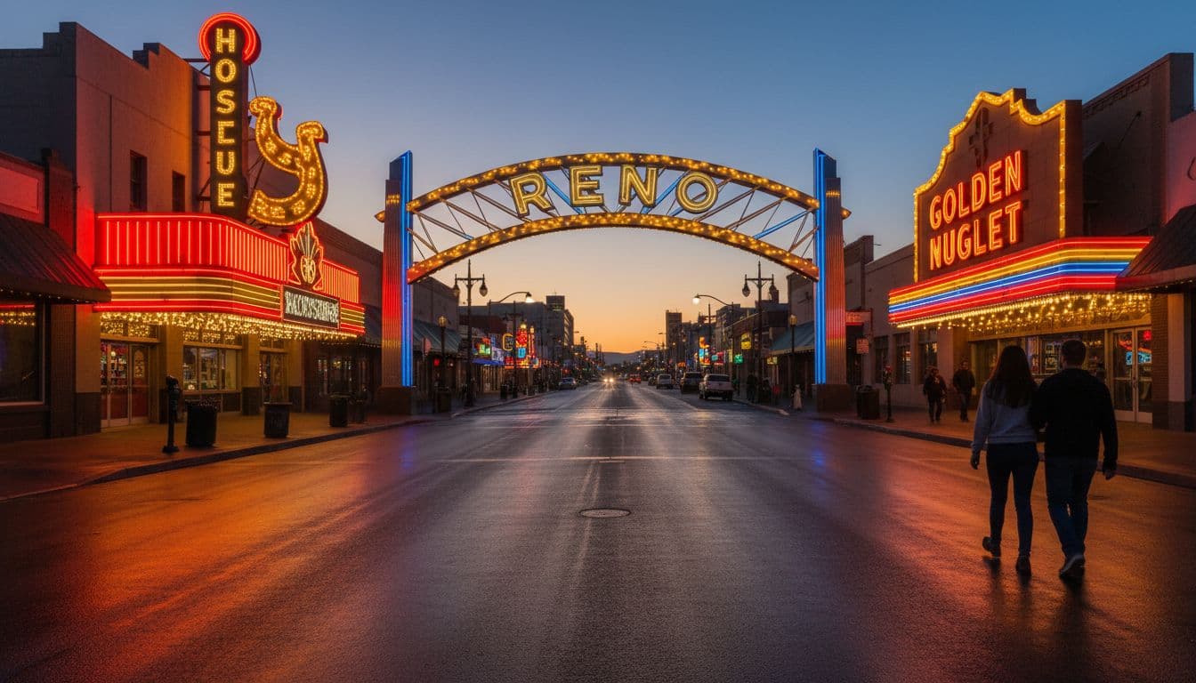 Vibrant neon-lit Virginia Street in downtown Reno, Nevada at dusk, featuring the iconic Reno Arch in blue and gold, classic casino signs, street reflections, and exactly two casual pedestrians in a lively yet intimate atmosphere.