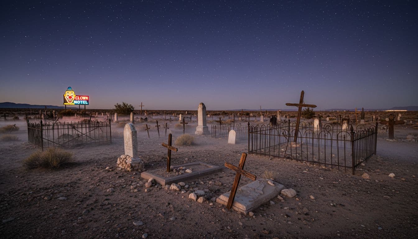 Weathered wooden and stone gravestones scatter across the desert ground of the Old Tonopah Cemetery at dusk, with rusted iron fences and the distant glowing neon sign of the Clown Motel under a starry twilight sky filled with atmospheric mist.