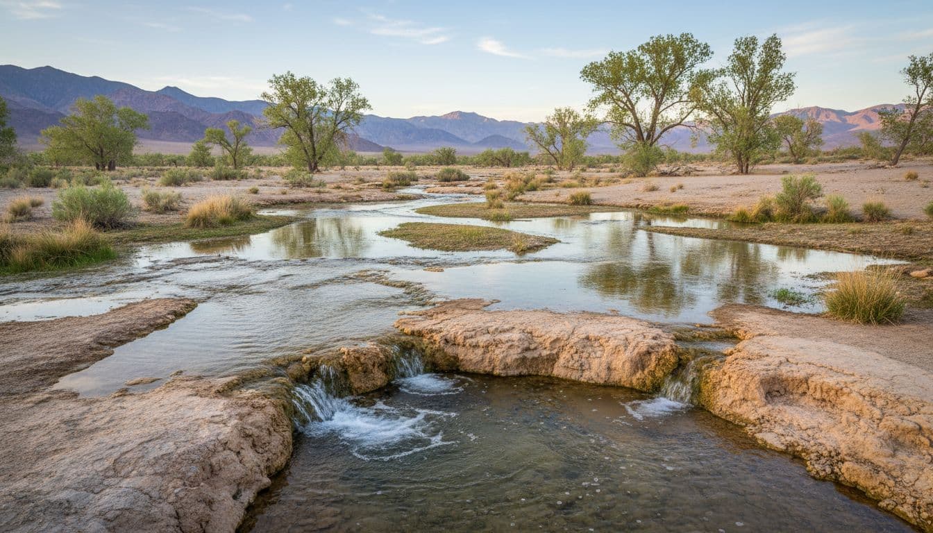 Small geothermal springs seeping clear water from rocky ground into shallow marshes in high desert Pahranagat Valley, Nevada, with sparse green vegetation and cottonwoods in serene wide landscape under soft morning light.