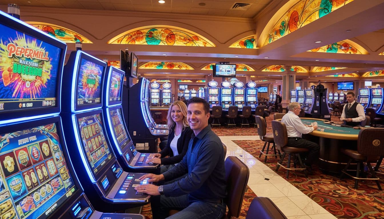 Rows of glowing slot machines and card tables with two players at slots and one at a table.