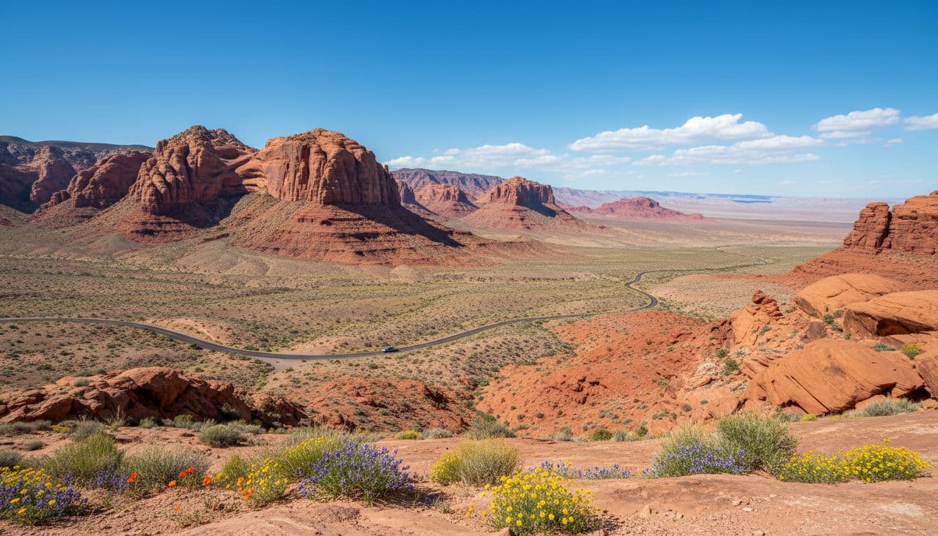 Towering red sandstone formations overlook winding road with distant car in vast Mojave desert, wildflowers foreground.