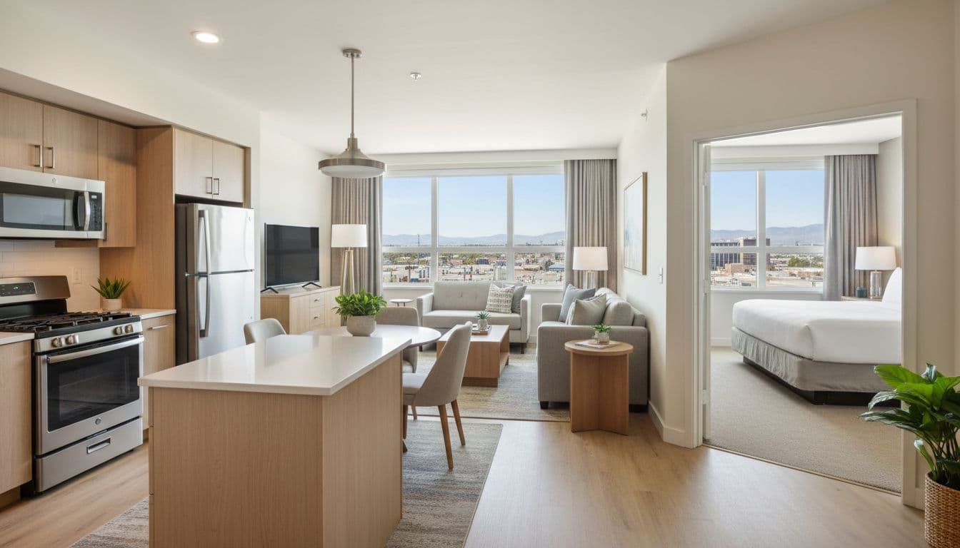 Spacious Reno hotel one-bedroom suite with full kitchen, living area featuring sofa bed and TV, and visible separate bedroom, in bright daylight.