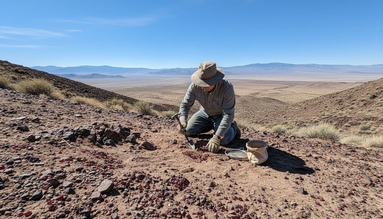 A rockhounder kneels on a dry rocky hillside at Garnet Hill near Ely, Nevada, searching for scattered red garnets with tools, vast desert valley below under sunny midday light, realistic photo.