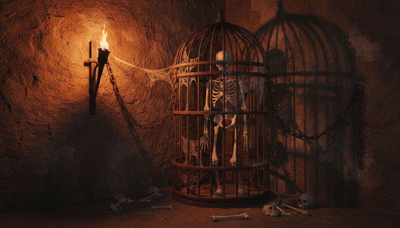 Human skeleton locked in rusty iron cage in stone-walled corner, dim orange torchlight casting shadows, cobwebs on bars.