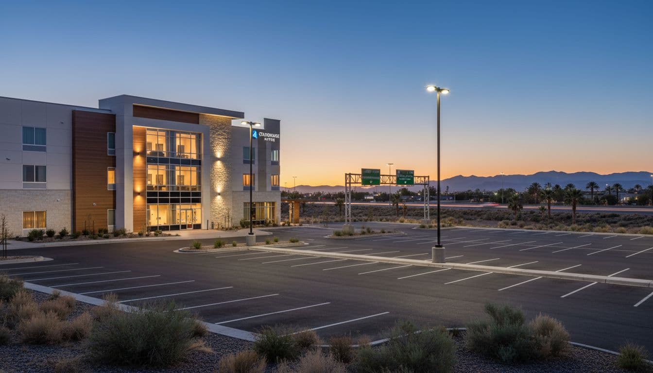 Modern Staybridge Suites hotel exterior in south Reno at dusk with parking lot and highway sign in quiet suburb.