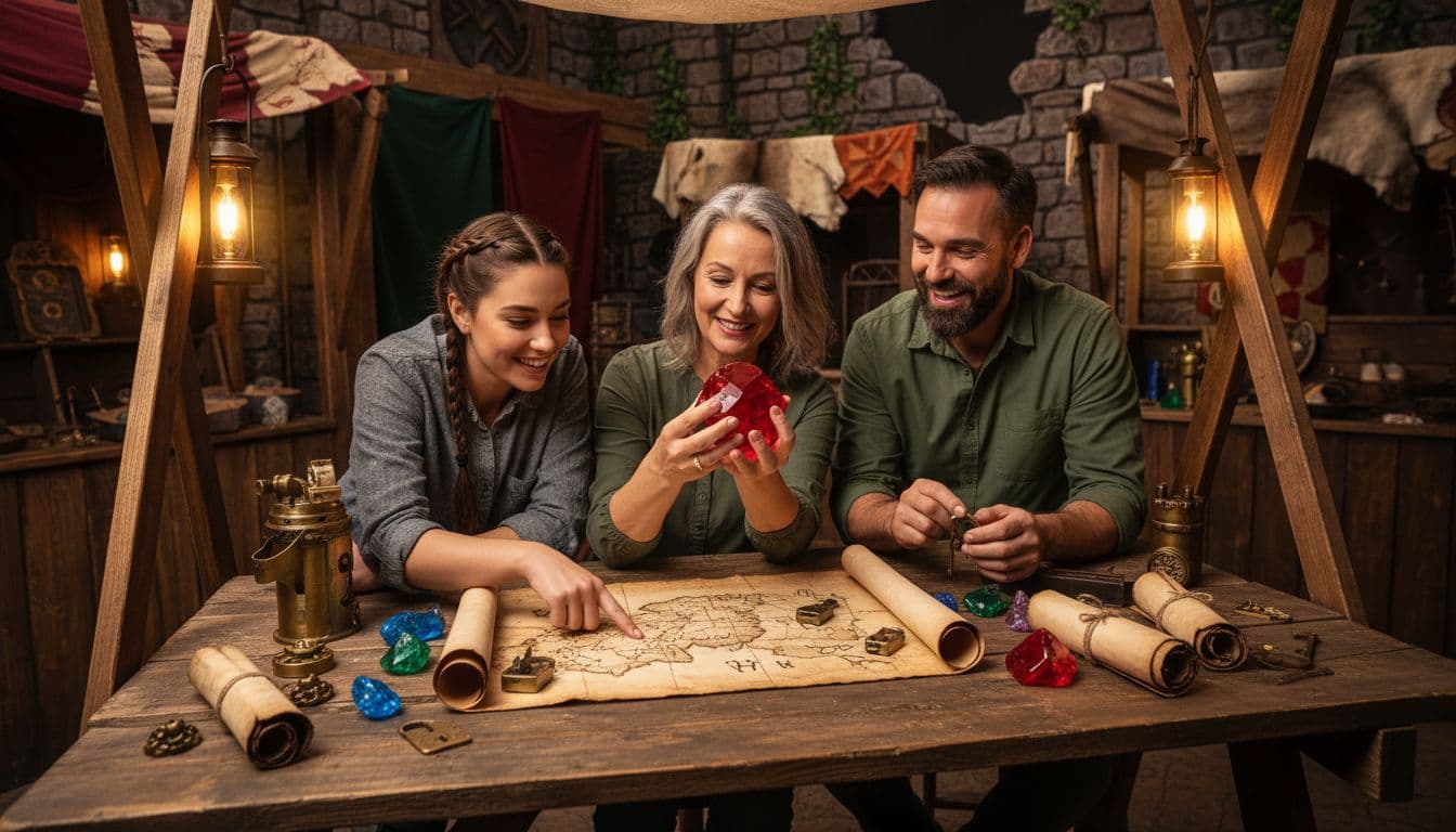 Three adults, two women and one man, gather around a wooden table with maps, crystals, locks, and scrolls in a lantern-lit medieval village.