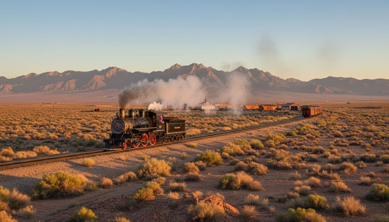 A vintage steam train chugs through the vast Nevada desert near Ely, featuring a mountain backdrop, distant rail yard, and golden hour lighting in a wide realistic landscape.