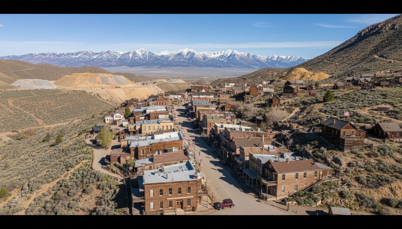 Panoramic aerial view of Virginia City on steep mountainside with Victorian wooden buildings along C Street, waving flags, yellow ore piles, vintage car, and distant Sierra peaks.