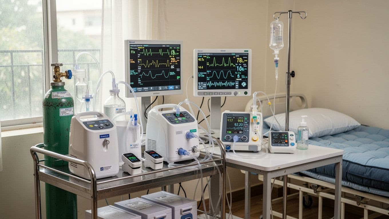Photorealistic image of home ICU equipment neatly arranged on a cart and table in a Bangalore home, including oxygen cylinder, concentrator, pulse oximeter, suction machine, nebulizer, cardiac monitor, infusion pump, IV stand, and air mattress. Bright daylight from window highlights the organized, professional medical setup with no people or text.