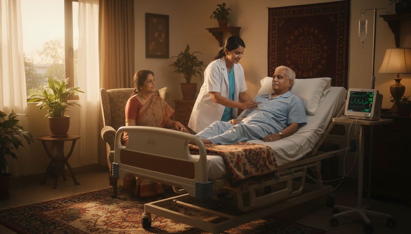 Elderly man rests in home hospital bed with monitors as nurse checks pulse, family member holds hand.