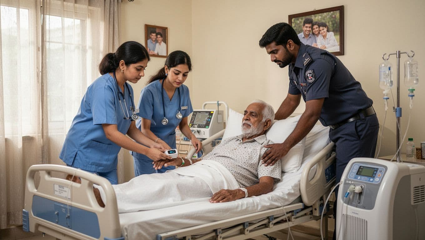 Photorealistic image of a professional female home ICU nurse in blue scrubs and a trained male attendant in uniform working together in a calm Indiranagar Bangalore apartment bedroom home ICU setup. The nurse checks a pulse oximeter on an elderly male patient's finger on an adjustable hospital bed, while the attendant adjusts pillows for comfort.