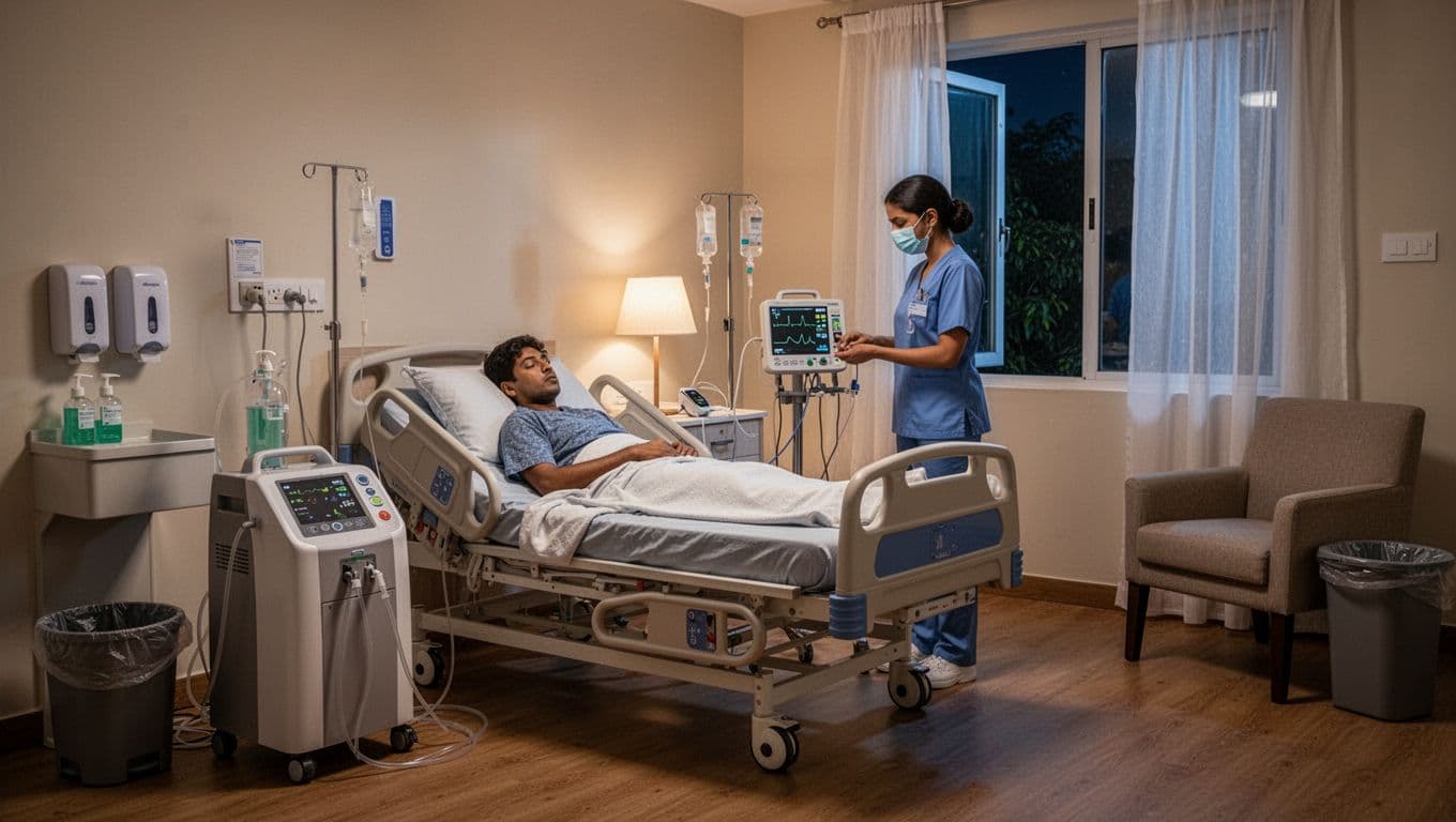 Realistic photorealistic image of a quiet Indiranagar Bangalore apartment bedroom converted into a calm home ICU with adjustable hospital bed, monitoring devices, oxygen concentrator, and a female nurse checking equipment under soft night lighting.