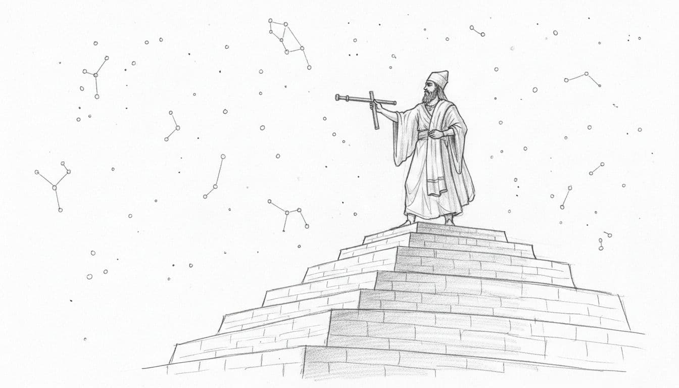 Ancient Babylonian astronomer standing on a stepped ziggurat under a starry night sky, observing constellations with a simple sighting tool in hand, in a relaxed pose, hand-drawn sketch style with graphite linework and light shading on clean white paper background.