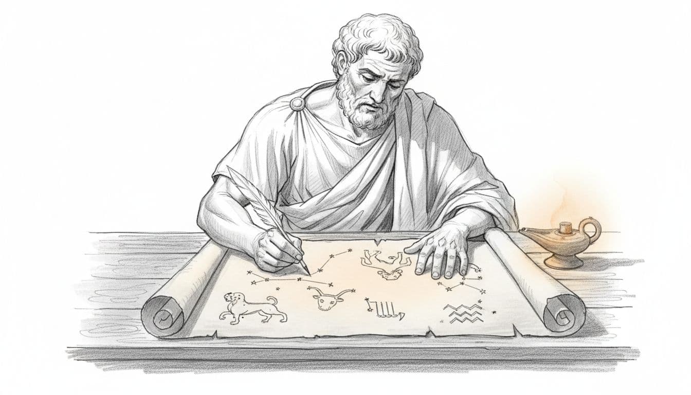 Ancient Greek astronomer, likely Ptolemy, sits at a wooden desk drawing zodiac constellations on a parchment scroll using an ink quill, with candlelight nearby in a focused pose; hand-drawn graphite sketch style on clean white background.
