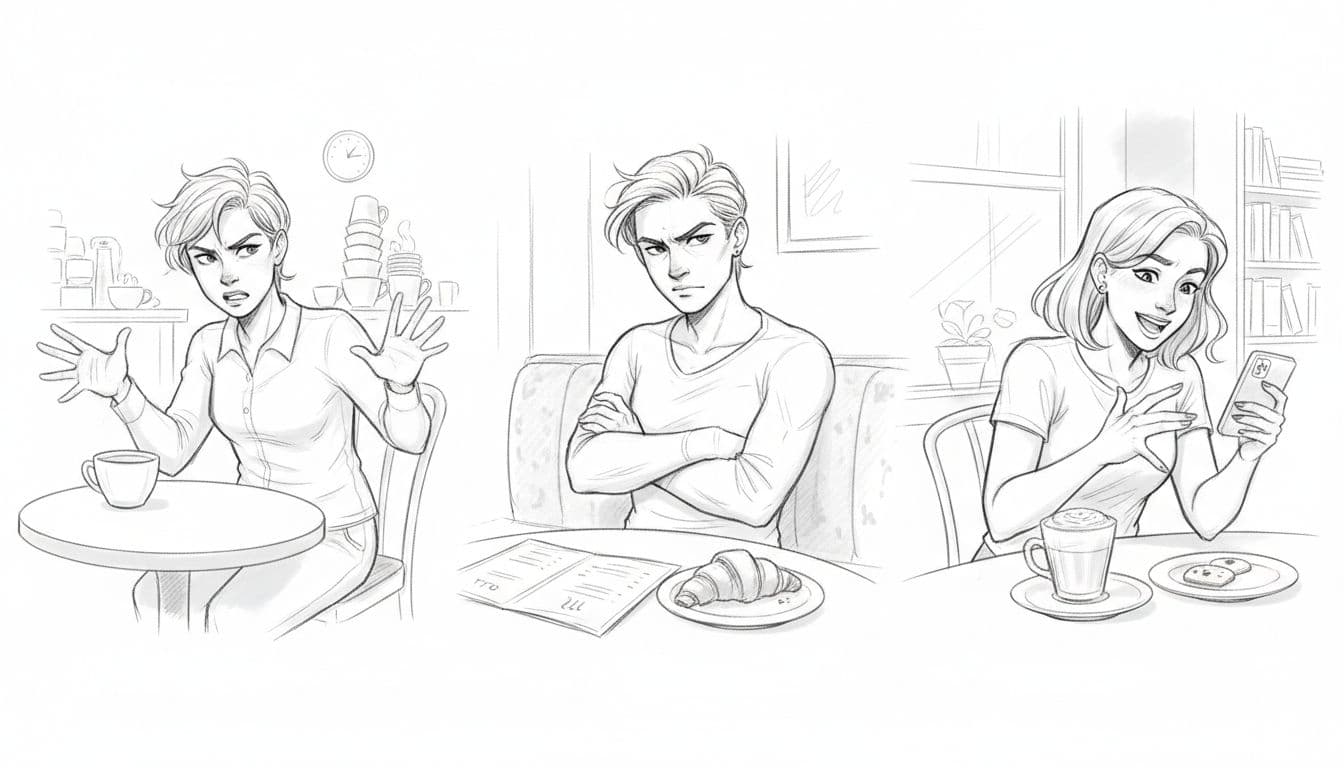 Three side-by-side hand-drawn sketches showing Aries impatience, Taurus possessiveness, and Gemini flirtatious distraction on first dates in cozy cafe settings.
