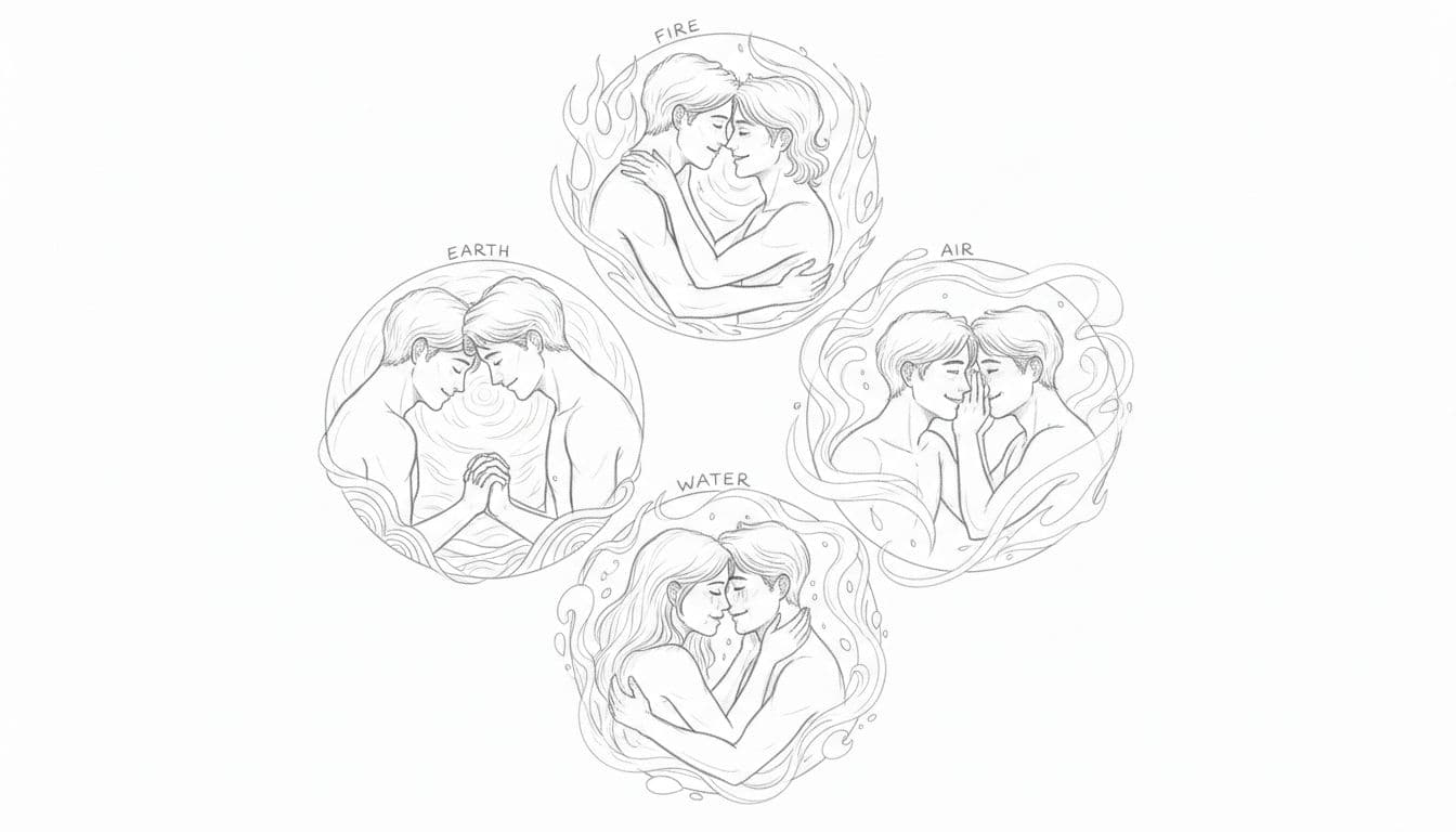 Hand-drawn graphite sketch featuring two couples in four intimate scenes symbolizing fire, earth, air, and water astrological elements, arranged in a balanced composition on white paper with light shading and consistent linework.