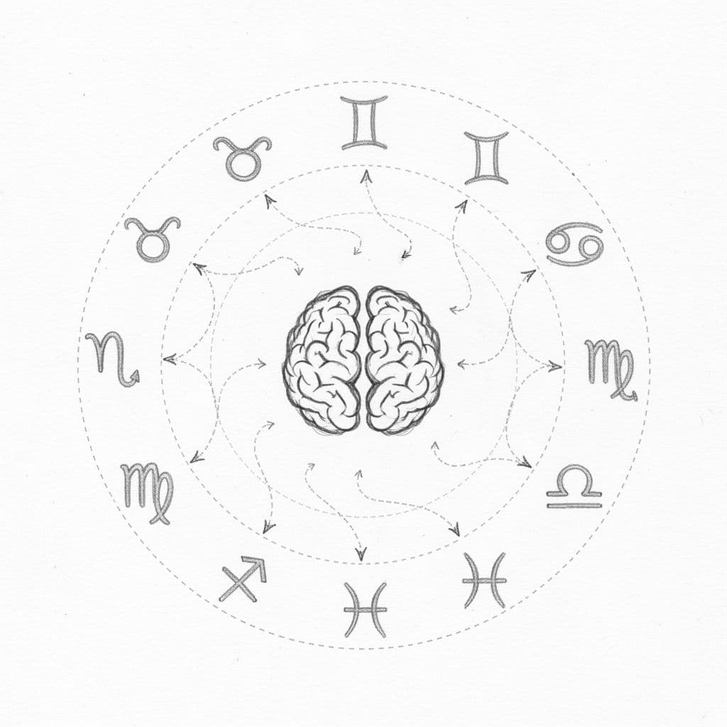 Simple hand-drawn sketch of a brain icon with zodiac signs orbiting around it, representing cognitive biases in astrology. Graphite linework with light shading on clean white paper background, diagram-like style.