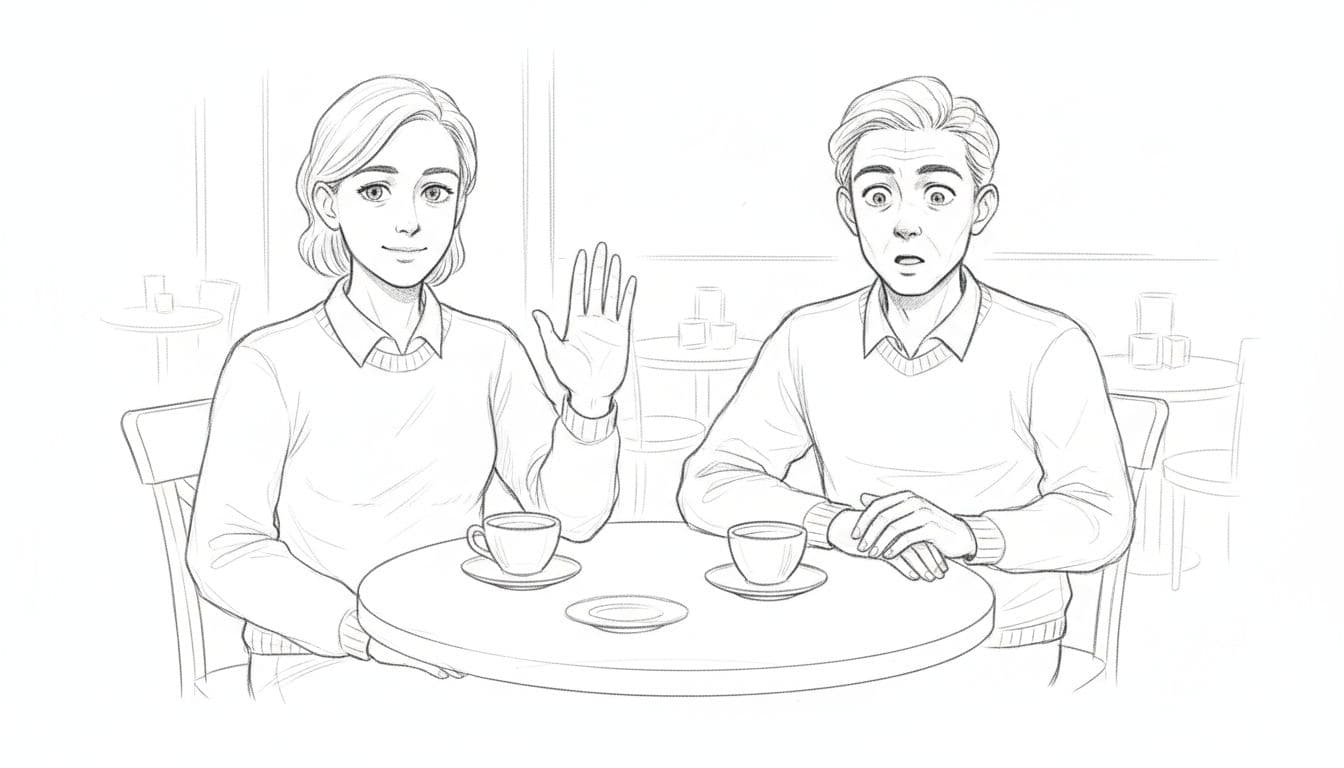 Hand-drawn sketch depicting a person calmly setting a boundary on a first date at a cafe table, using a relaxed hand gesture saying no with a firm yet polite expression, while their surprised partner sits opposite. Features graphite linework, light shading, upper bodies of exactly two people on a clean white paper background.