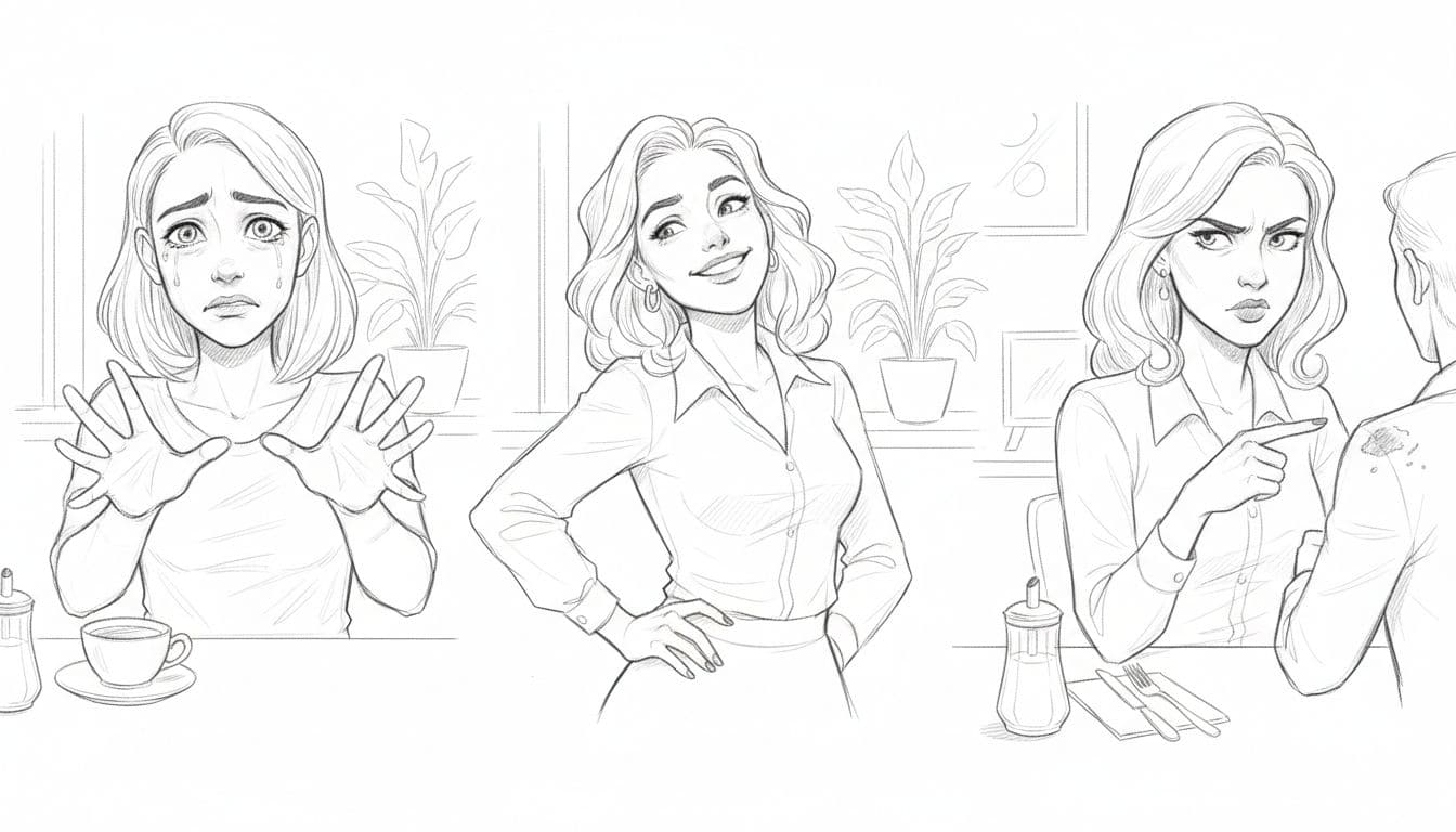 Three side-by-side hand-drawn sketches showing red flags on first dates: emotional Cancer demanding closeness, dramatic Leo seeking attention, critical Virgo pointing out flaws, in cafe upper-body close-ups.