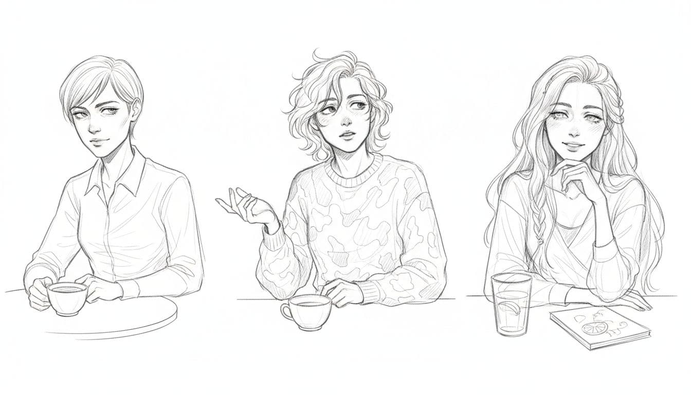 Three side-by-side hand-drawn sketches of zodiac signs on first dates: Capricorn cold calculating glance over coffee, Aquarius detached abstract talk avoiding emotions, Pisces dreamy mixed signals with vague smile in cafe settings.