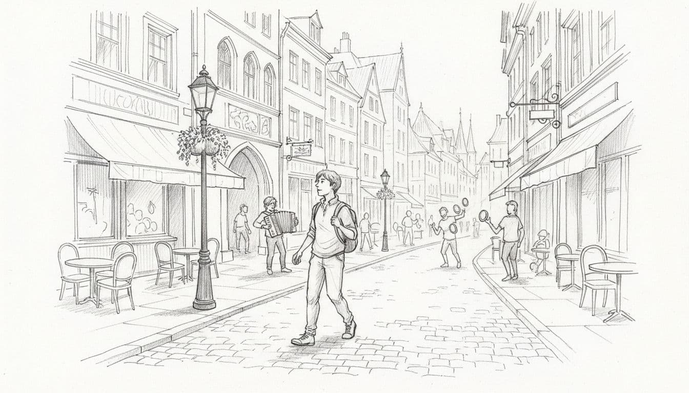 Hand-drawn graphite sketch of a single curious person casually strolling through a vibrant city street featuring historic architecture, cafes, and street performers, captured from street level with light shading on white paper.