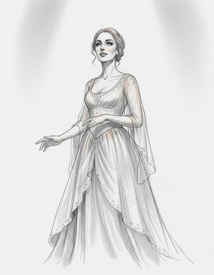 Hand-drawn graphite sketch of an elegant woman in a theatrical dress standing on stage under soft spotlights, with relaxed hands and expressive face. Gray palette with subtle tones on light gray paper background, embodying artistic grace.