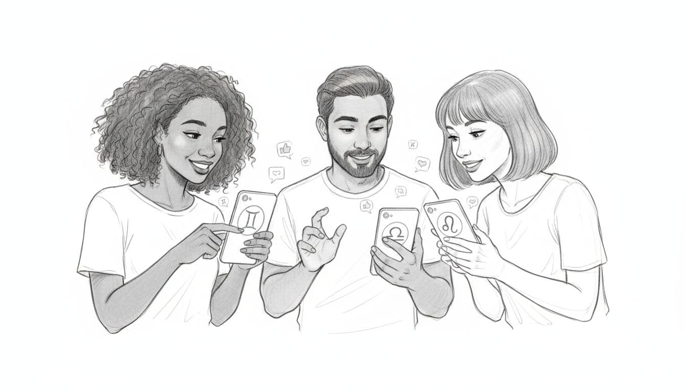 Hand-drawn graphite sketch of three diverse people casually sharing horoscopes via social media icons on their individual phones in a modern lifestyle scene.