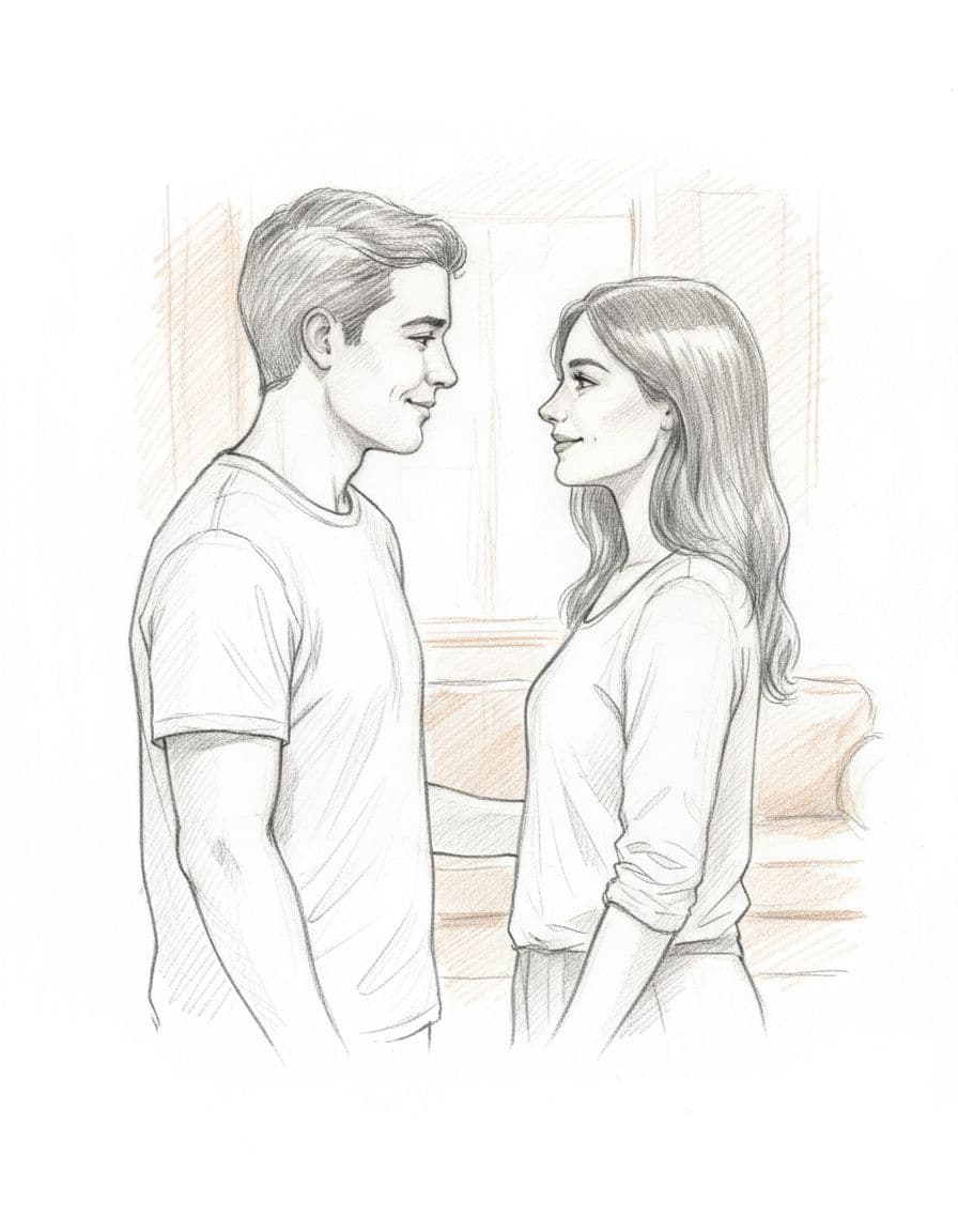 Hand-drawn graphite sketch of partners facing each other with gentle eye contact and relaxed postures in a warm room, white background.