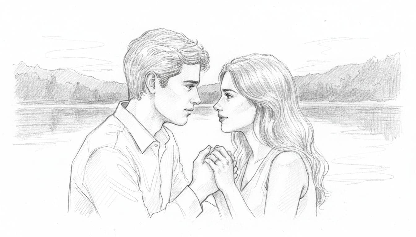 Hand-drawn graphite sketch of a man and woman sitting closely by a calm lake at twilight, gazing deeply into each other's eyes with a gentle hand hold, illustrating the emotional depth of water signs Cancer, Scorpio, and Pisces.