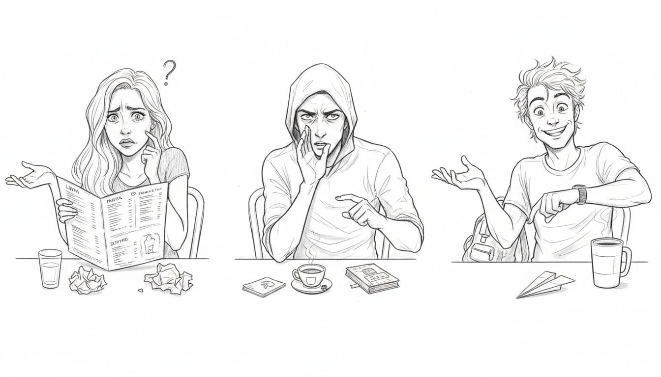 Three side-by-side hand-drawn sketches showing Libra indecisively shrugging at a menu, Scorpio intensely staring to probe secrets, and Sagittarius restlessly checking watch while joking insensitively during cafe first dates.