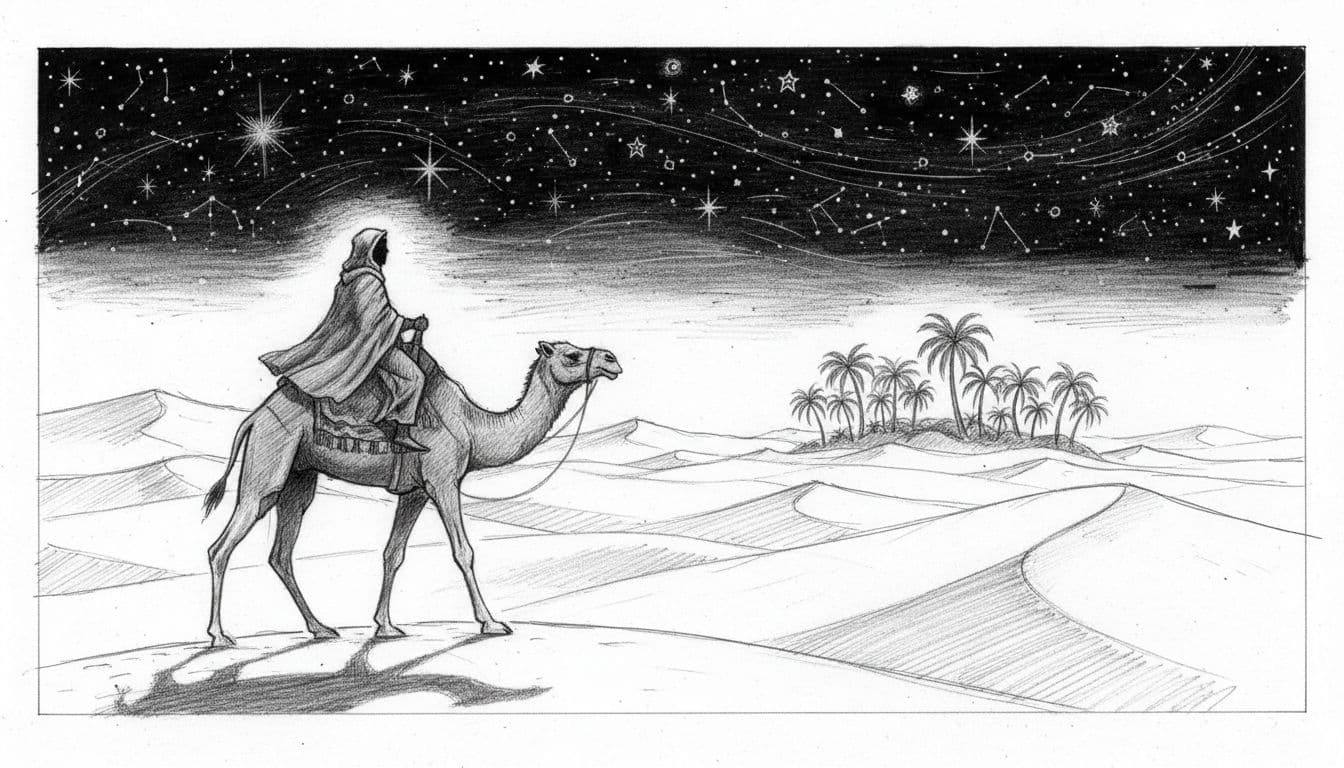 A mysterious solitary figure rides a camel trekking through vast desert dunes under a starry night sky, with a distant palm oasis on the horizon, captured in dramatic side-view hand-drawn graphite sketch with light shading on clean white paper.