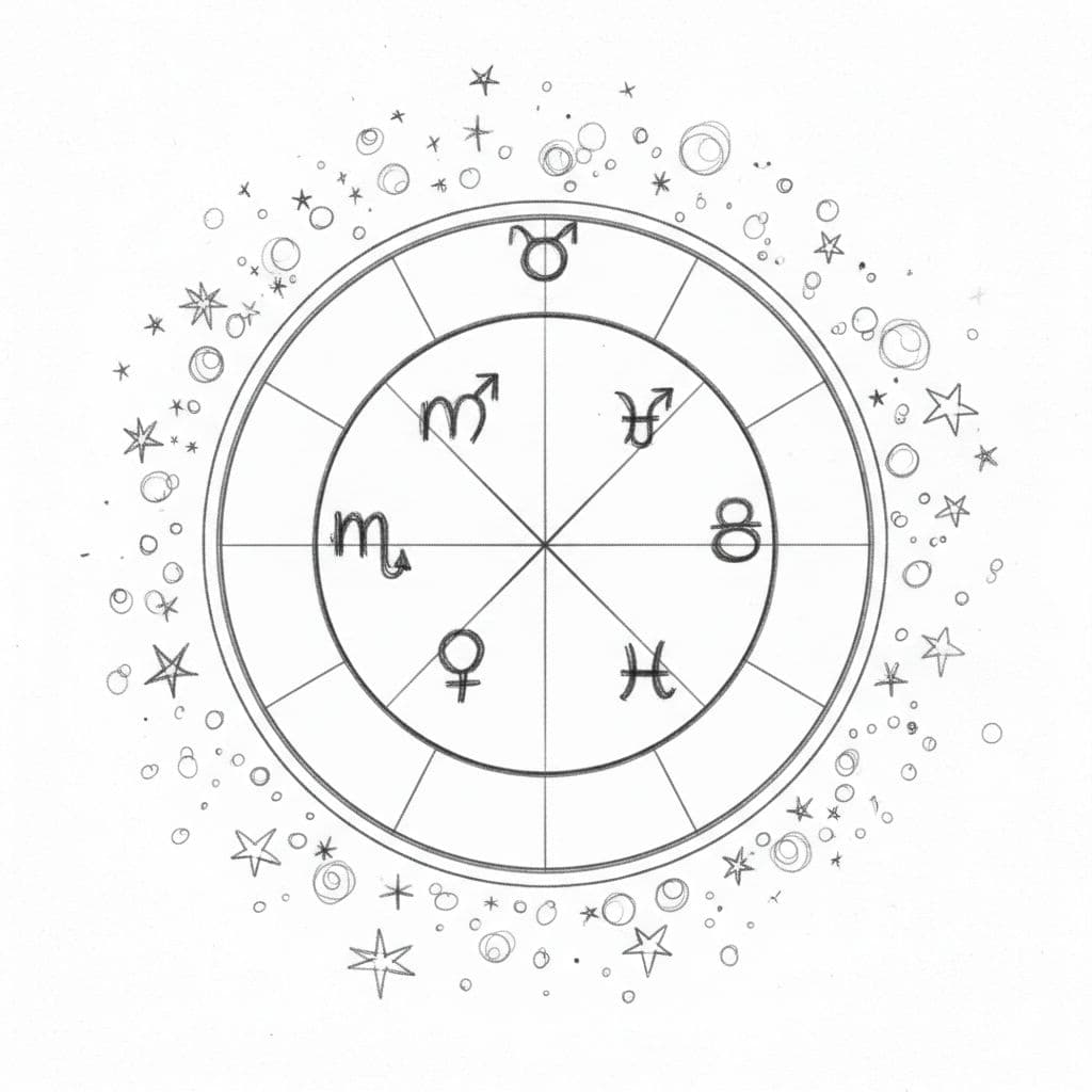 Hand-drawn graphite sketch of an astrological chart illustrating key March transits, with Mars in conjunction to the North Lunar Node and Venus to Saturn, connected by simple lines in a circular scheme on a starry background and clean white paper.