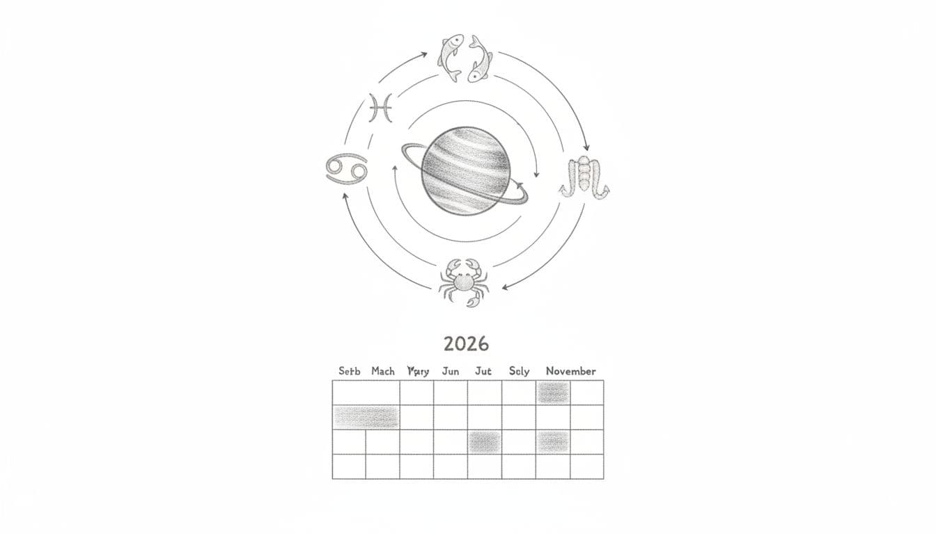 Hand-drawn graphite sketch featuring Mercury planet with retrograde loop arrow orbiting Pisces, Cancer, Scorpio zodiac icons, and a simple calendar below highlighting three retrograde periods, on clean white paper.
