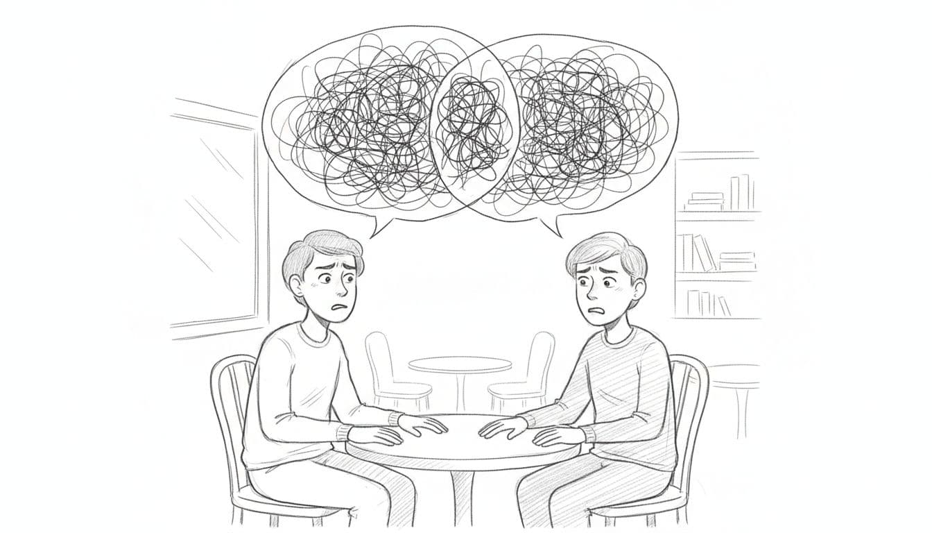 Hand-drawn graphite sketch of two frustrated people sitting across a cafe table, with overlapping tangled speech bubbles symbolizing communication misunderstandings.