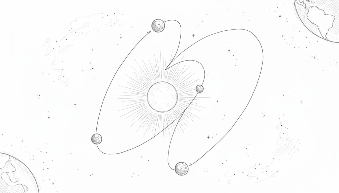 Hand-drawn sketch illustrating Mercury's retrograde phase, moving backward in its orbital path between the Sun and Earth, featuring a central orbital loop on a starry background with light shading.