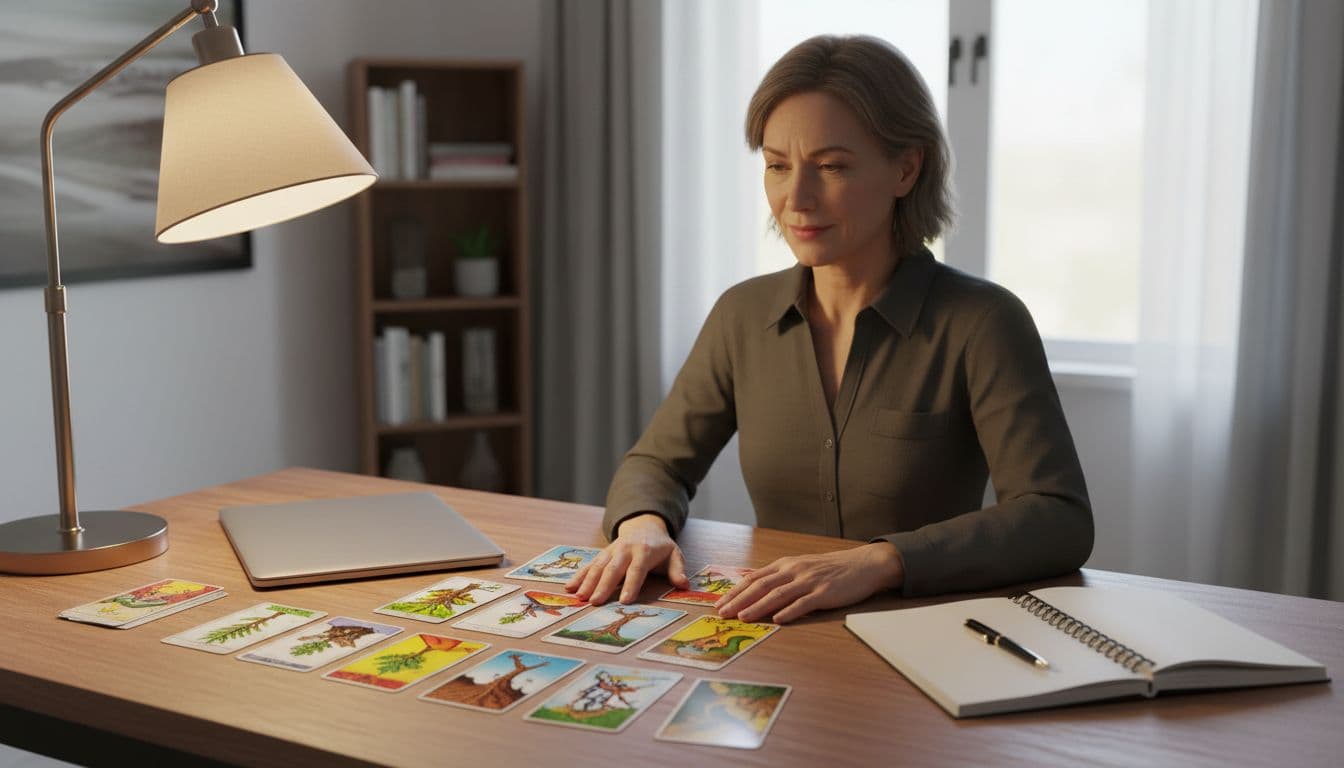 A middle-aged person sits focused at a home office desk with tarot cards spread out showing career themes like growth and challenges, a closed laptop and open notebook nearby under warm lamp light, in realistic photo style.