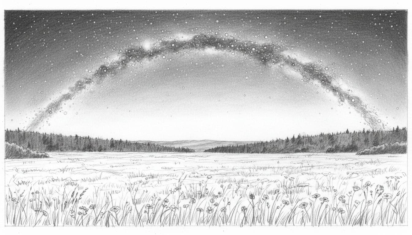 Hand-drawn graphite sketch of a starry night sky with the Milky Way arching over an open meadow in the Czech countryside during new moon, using fine linework and light shading on stars and galaxy against a clean white paper background.