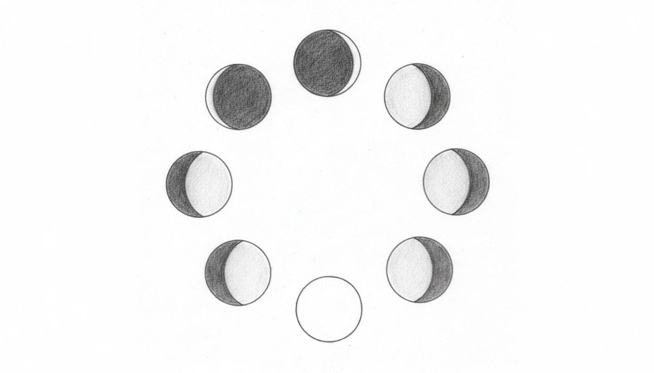 Hand-drawn circular diagram illustrating the complete lunar cycle from new moon through waxing, full, waning phases, with graphite linework and light shading on a clean white background.