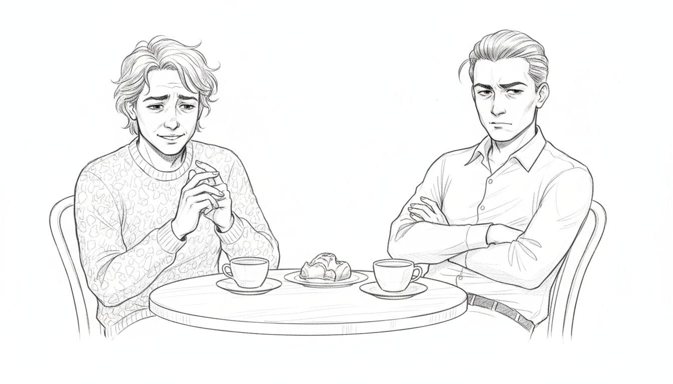 Hand-drawn sketch of a couple on a first date at a cozy cafe table: one nervously fidgeting with an awkward smile, the other arrogantly leaning back with arms crossed and dismissive expression. Close-up on upper bodies and table with graphite linework and light shading on white background.