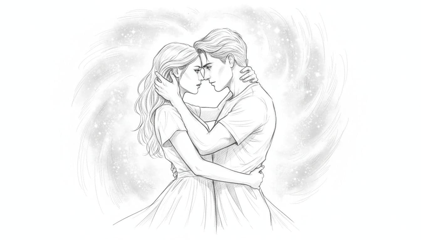 Hand-drawn graphite sketch of a man and woman in tight passionate embrace with intense eye contact under starry night sky with soft glow, representing fiery passion of Aries, Leo, Sagittarius.
