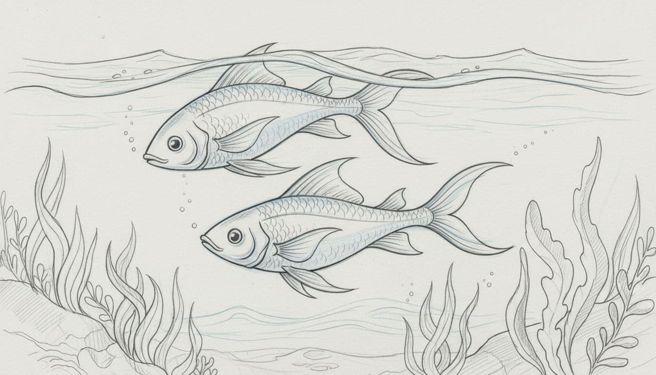 Hand-drawn graphite sketch of exactly two elegant fish swimming in calm ocean waters with soft waves, gentle bubbles, and seaweed in the background, on light gray paper with grays and subtle blues.