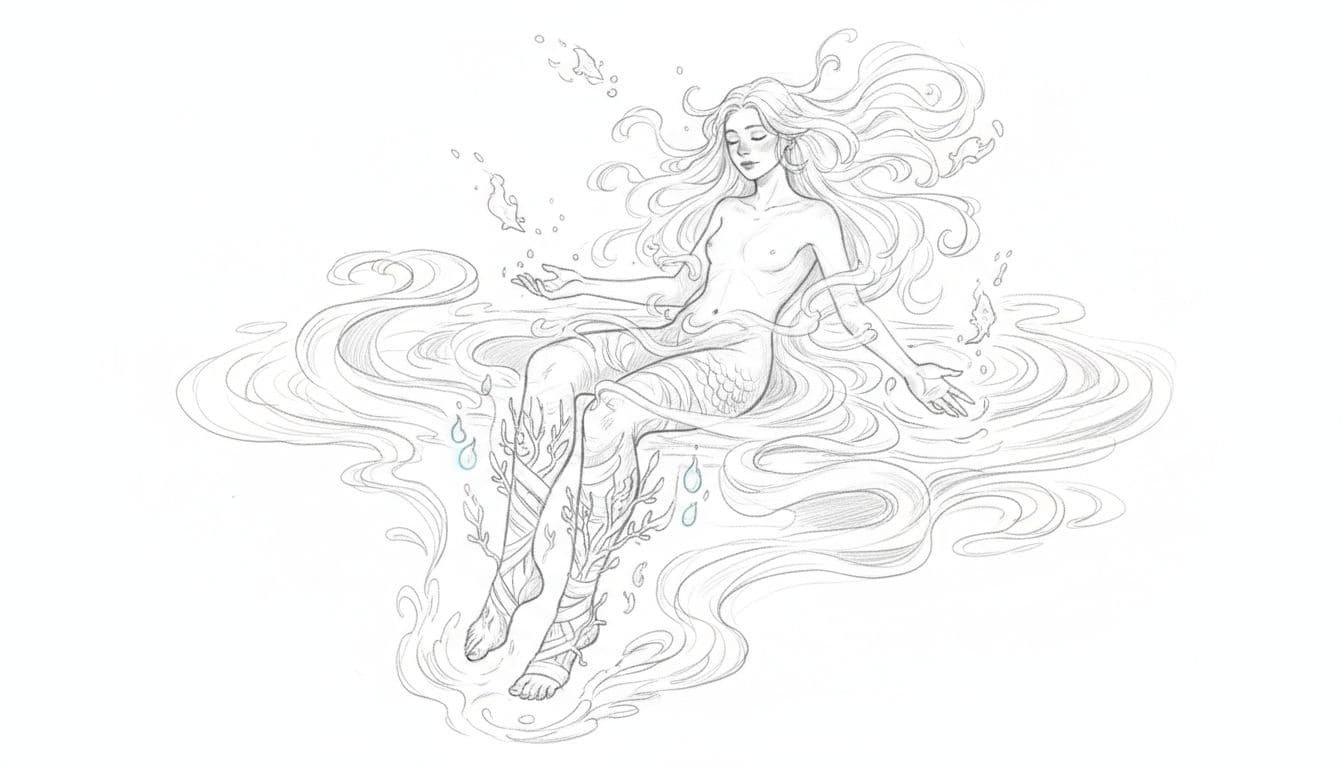 Hand-drawn sketch of a single Pisces zodiac figure in water with leg or foot problems, dreamy atmosphere symbolizing sensitivity, graphite lines and light shading on clean white background, relaxed hands.