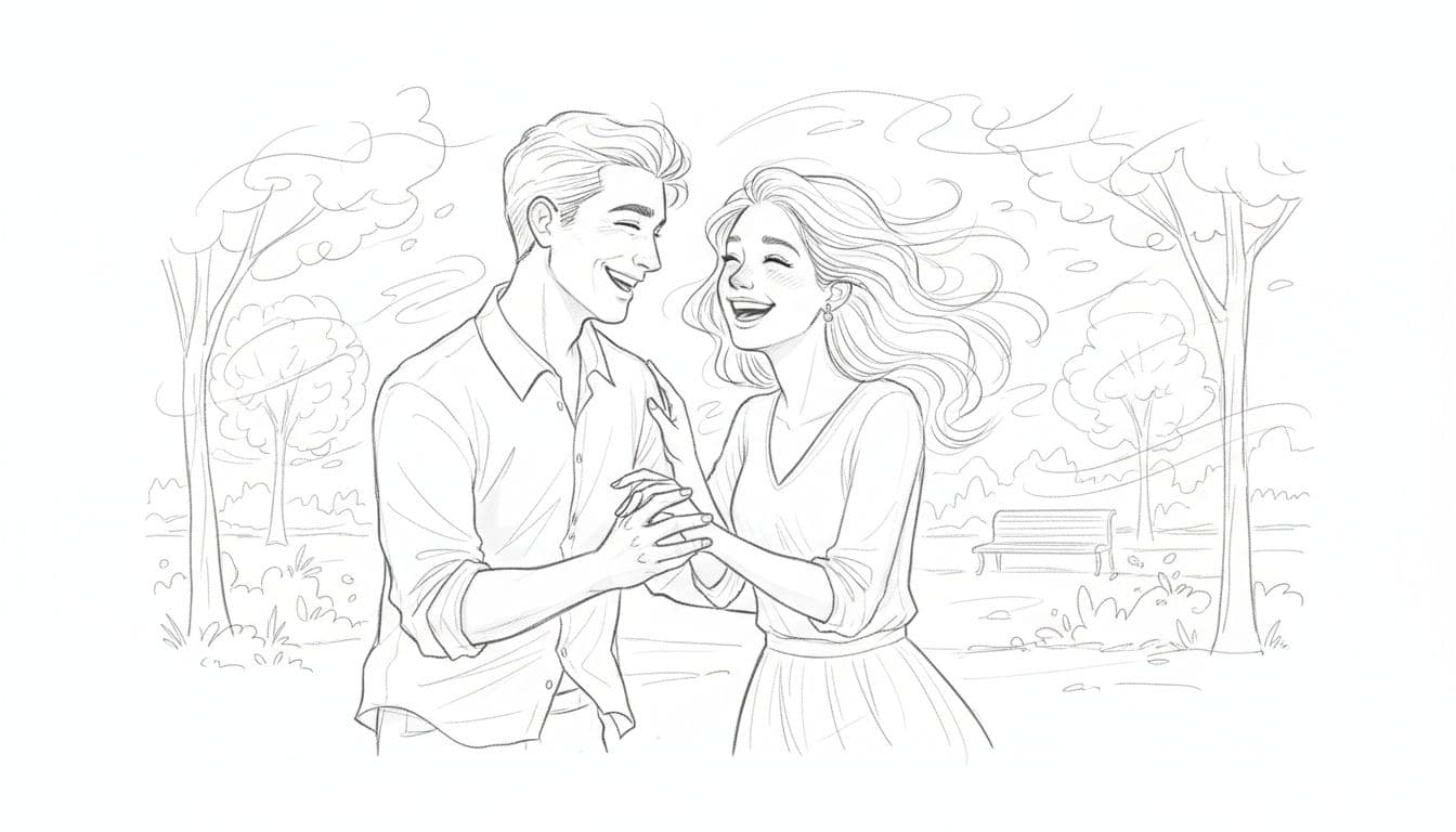 Hand-drawn graphite sketch of a man and woman laughing and flirting lightly with touches in a breezy park, illustrating air zodiac signs flirtation. Clean linework with light shading on white background, exactly two people.