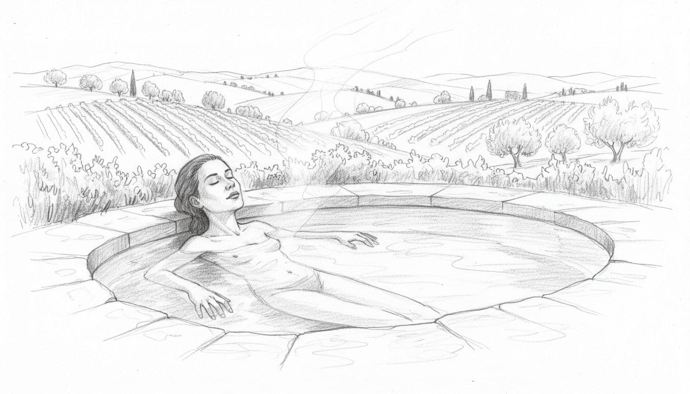Hand-drawn graphite sketch of a single person reclining naturally in an outdoor thermal spa pool, surrounded by Tuscan hills, vineyards, and olive trees, with soft steam rising in a serene composition.