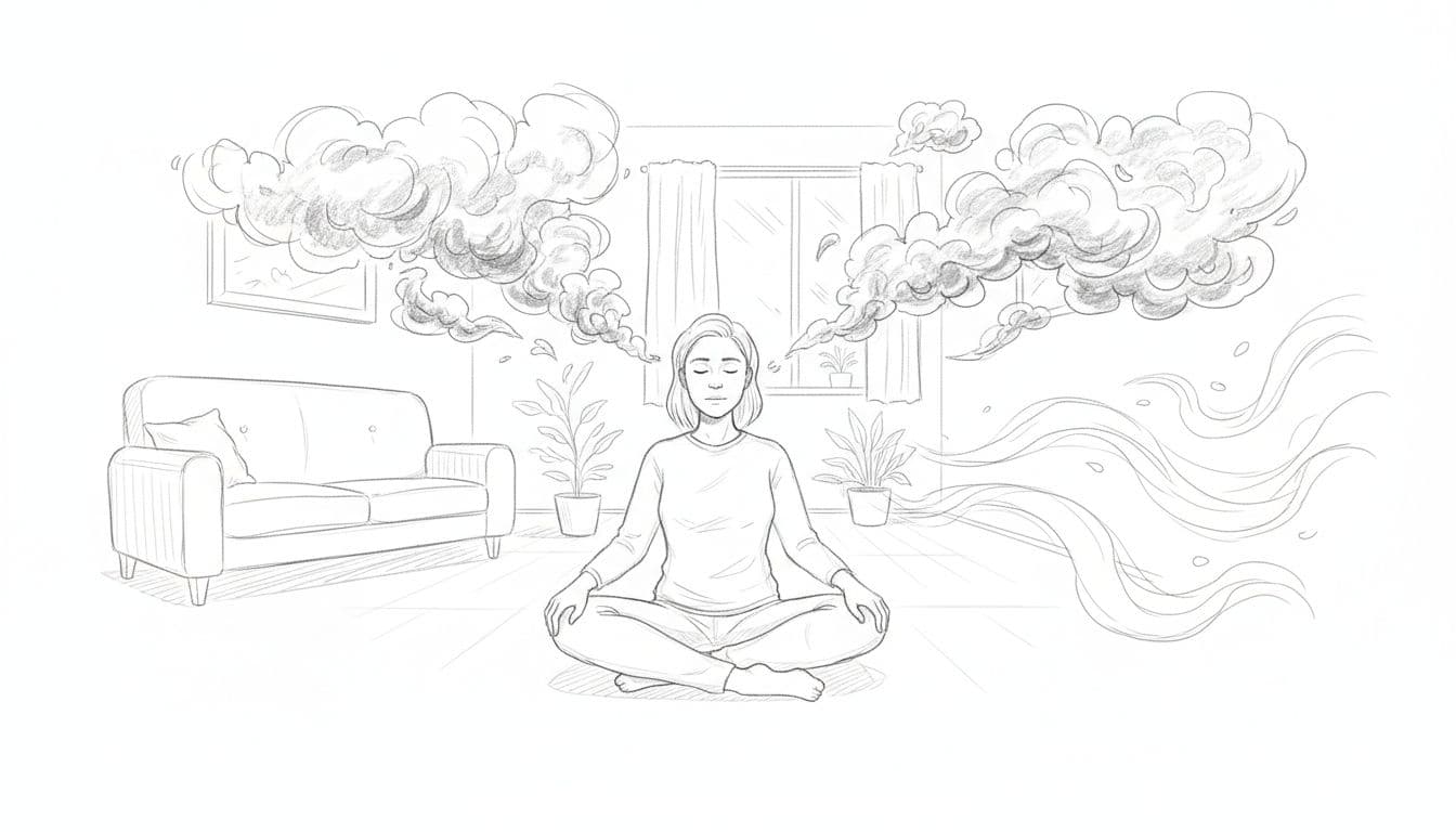 Hand-drawn graphite sketch of a person sitting cross-legged with eyes closed, breathing calmly as stormy emotion clouds fade into serene waves in a cozy room.